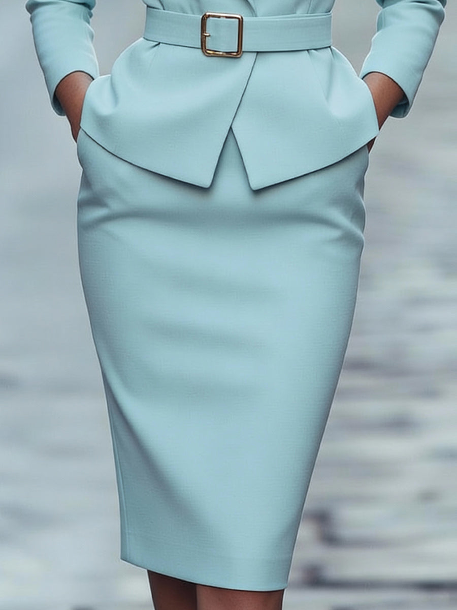 Light Blue Belted Blazer & Pencil Skirt Set
