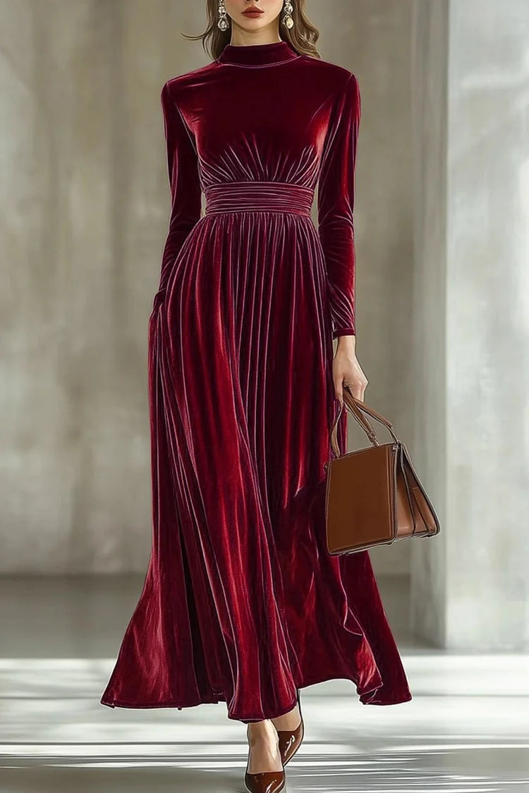 Plain Mock Neck Cinch Waist Long Sleeve Velvet Maxi Dresses