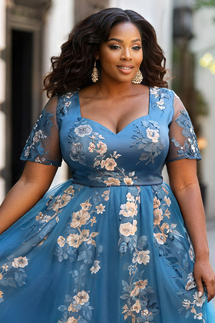 Formal Blue Short Sleeve Floral Print Tulle Maxi Dress