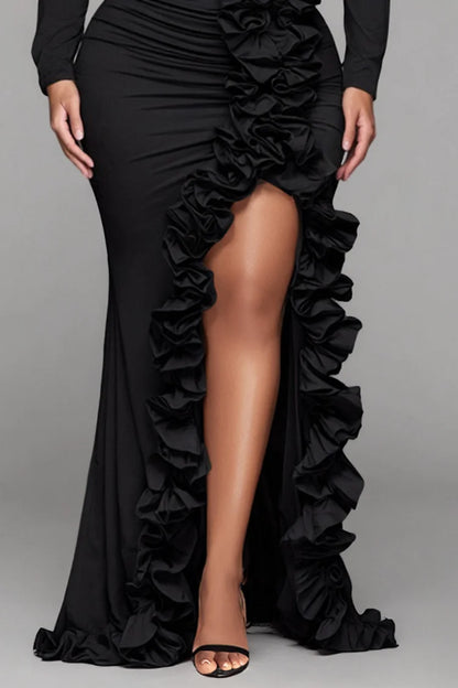 Formal Black Round Neck Long Sleeve Split Elegant Ruffle 3D Satin Maxi Dresses