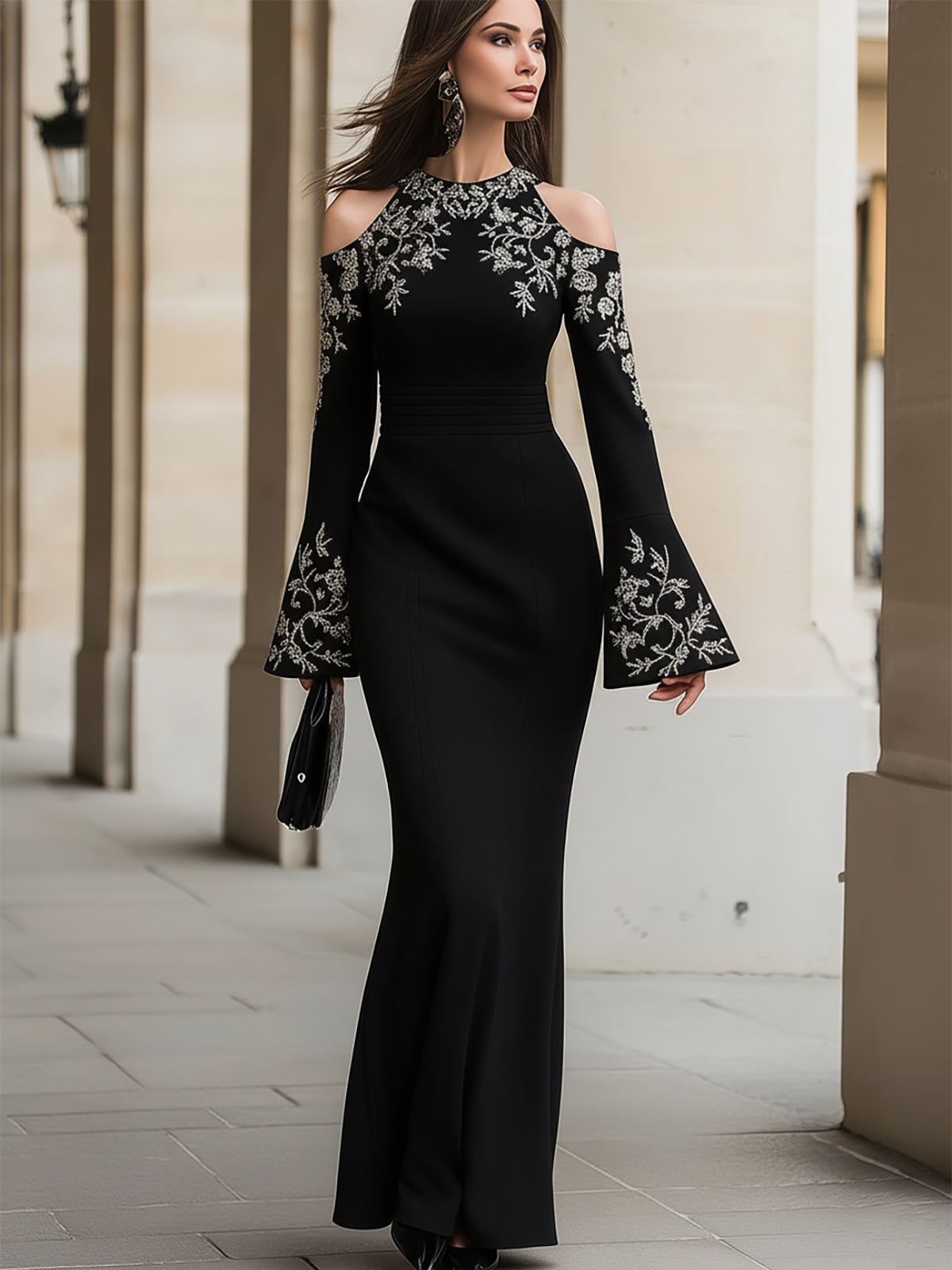 Elegant Black Cold-Shoulder Maxi Dress With Embroidery
