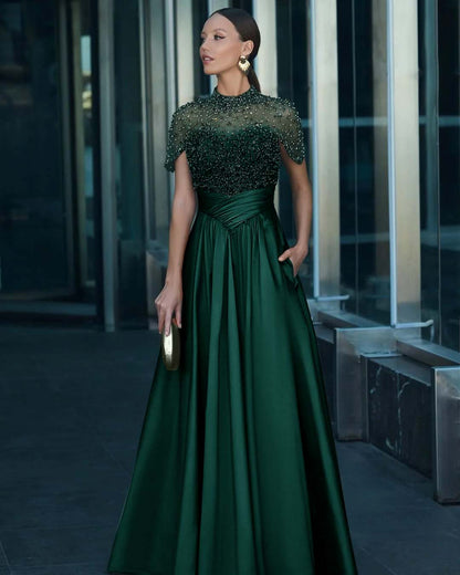 High-Neck Short Sleeves Long A-Line Pleated Prom Dress With Pockets And Beadings