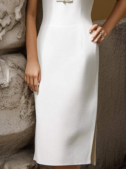 Elegant Mandarin Collar Sleeveless Midi Dress With Knot Button Detail