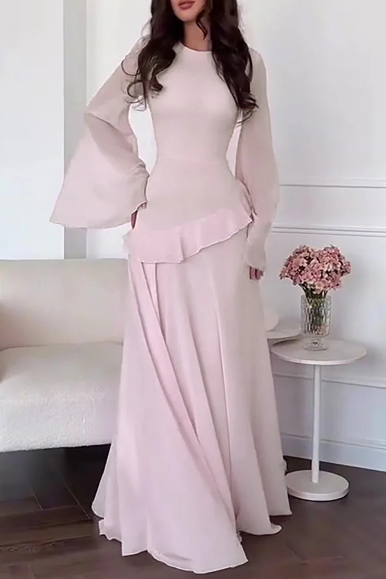 Round Neck Flare Sleeve Ruffled Solid Color Maxi Dresses
