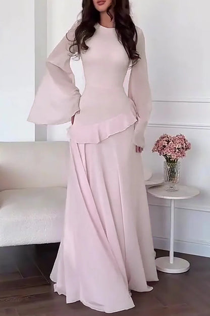 Round Neck Flare Sleeve Ruffled Solid Color Maxi Dresses