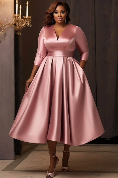 Pink V Neck 3/4 Sleeve Pocket Satin Midi Dresses