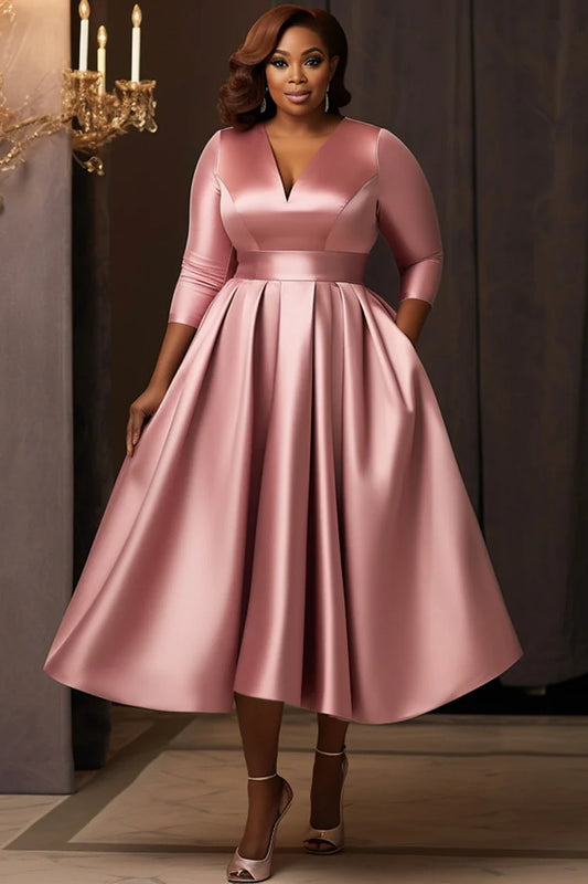 Pink V Neck 3/4 Sleeve Pocket Satin Midi Dresses