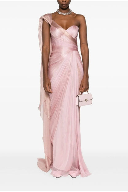 Asymmetric Neck One Shoulder Sleeveless Long Pleated Mermaid Prom Dress With Ruffles