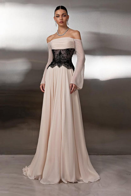 Off the Shoulder Long Sleeves Long Prom Dress With Lace Pleated