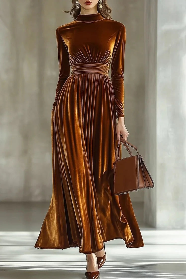 Plain Mock Neck Cinch Waist Long Sleeve Velvet Maxi Dresses