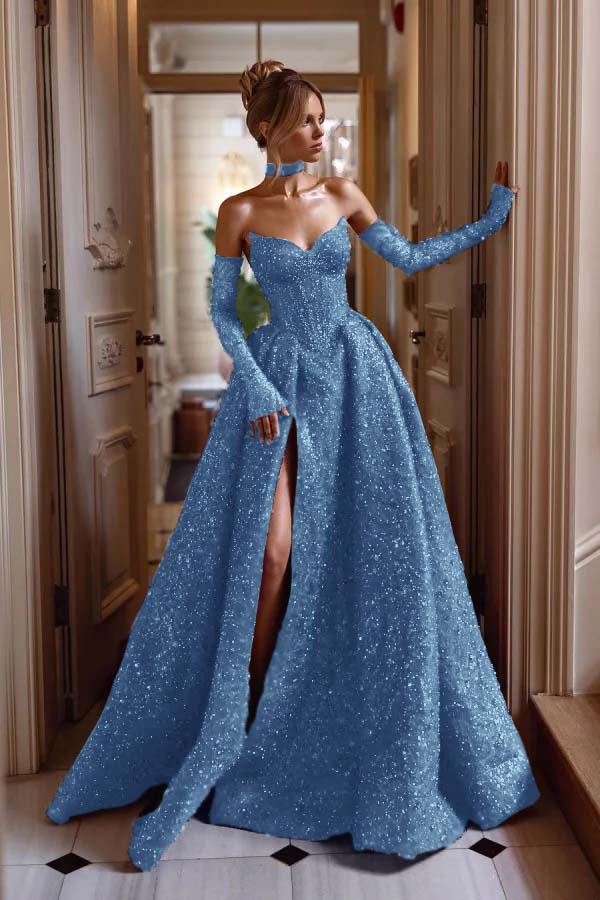 Strapless Sleeveless Long Split Prom Dress With Sequins Detachable sleeves