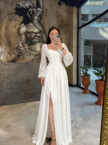 Lantern Long Sleeves Long A-Line Pleated Prom Dress With Split And Corset