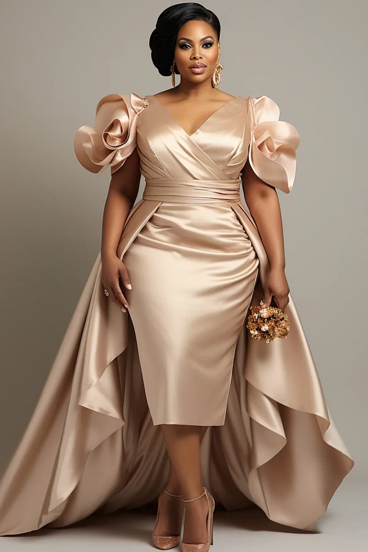 Mother Of The Bride Champagne Short Sleeve Peplum 3D Satin Midi Dress