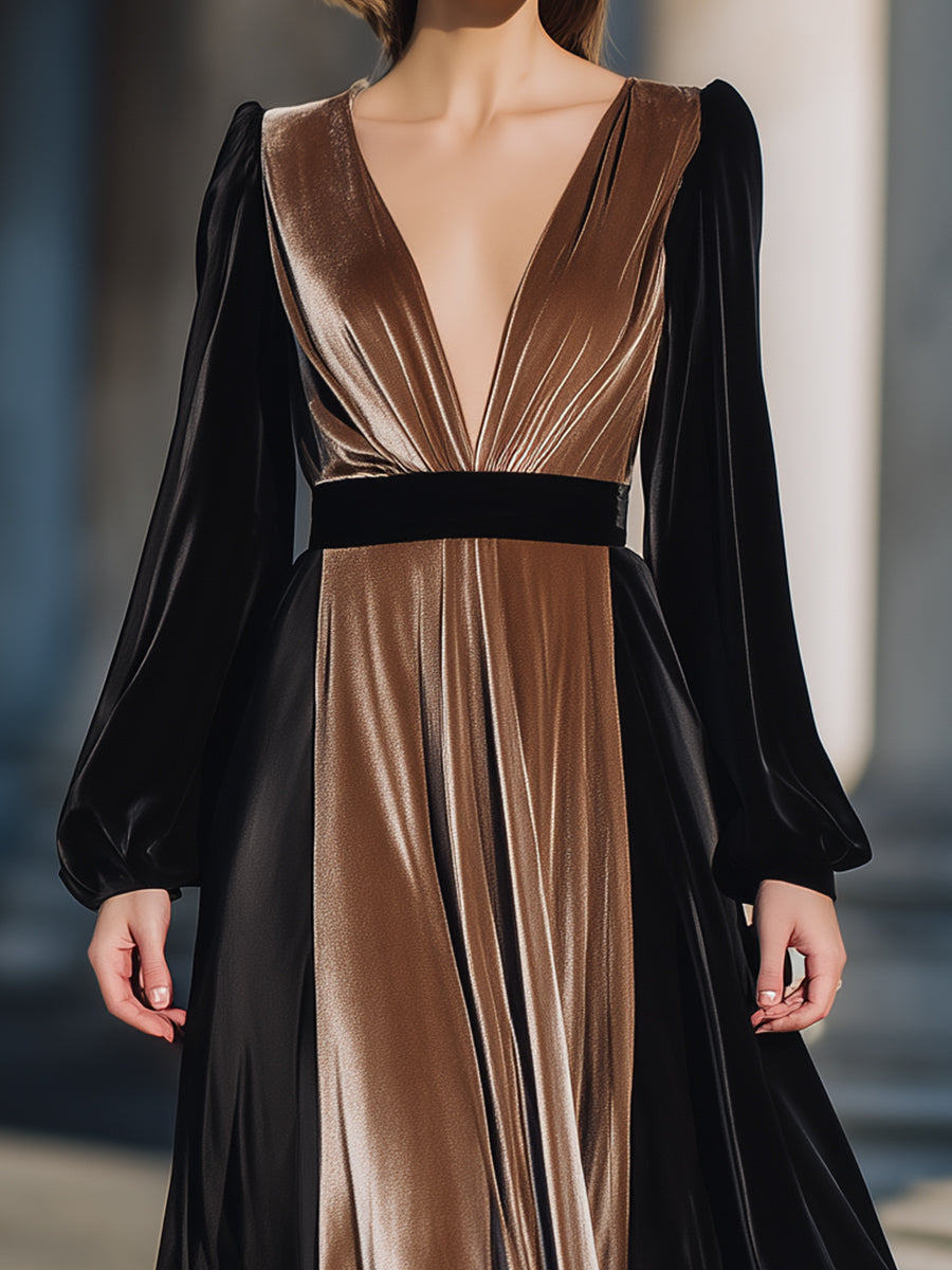 Bronze And Black Velvet Plunge Gown With Long Sleeves