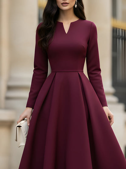 Burgundy V-Neck Pleated Midi Dress