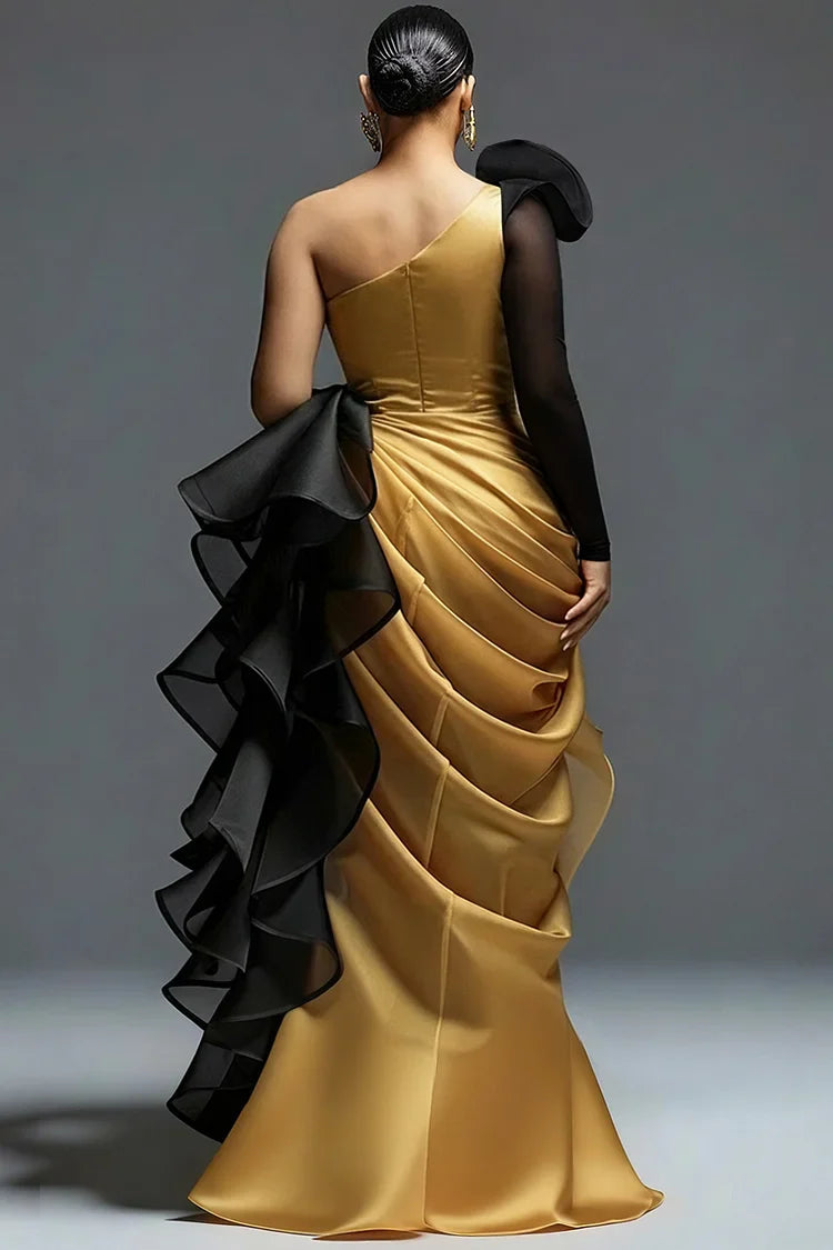 Plus Size One-Long-Sleeve Evening Dress Asymmetric-Neck Chiffon Ruffle Mermaid Evening Dress