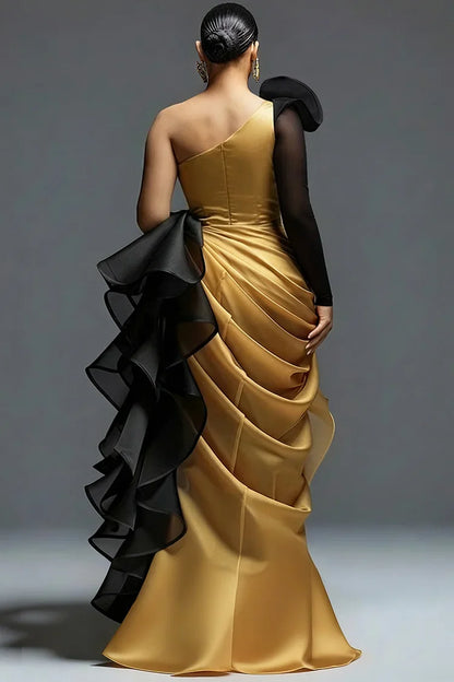 Plus Size One-Long-Sleeve Evening Dress Asymmetric-Neck Chiffon Ruffle Mermaid Evening Dress