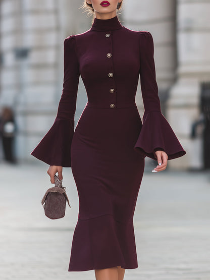 Elegant Burgundy Mock Neck Midi Dress