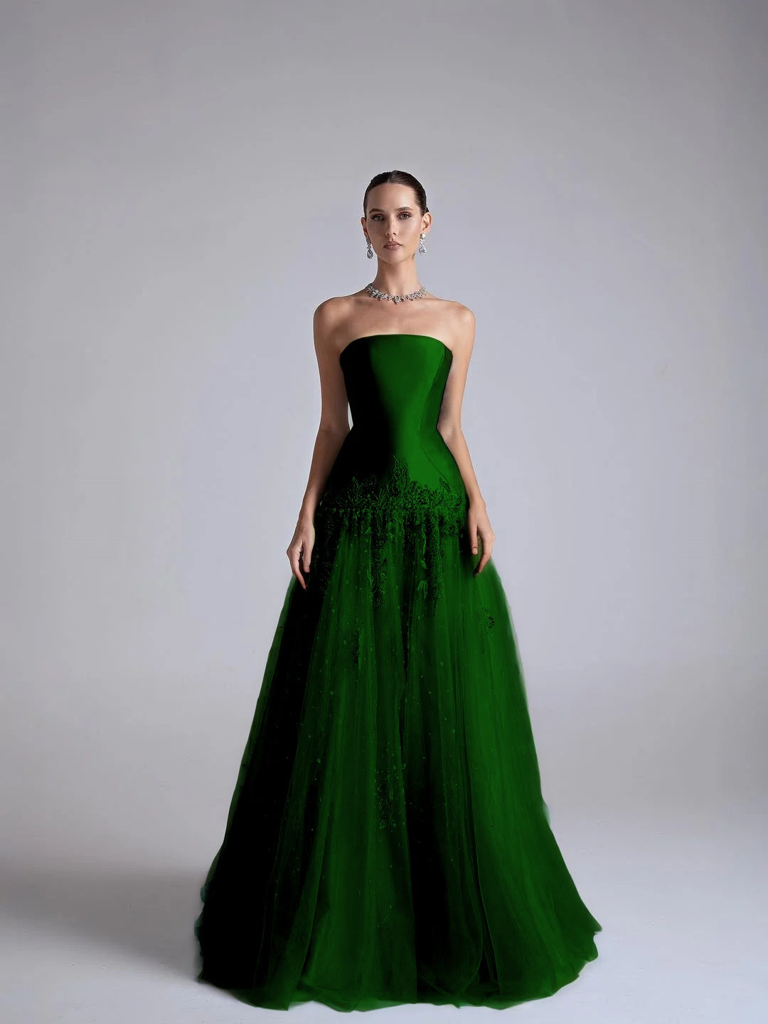 Strapless Sleeveless Long Pleated A-Line Prom Dress With Flower Appliqués