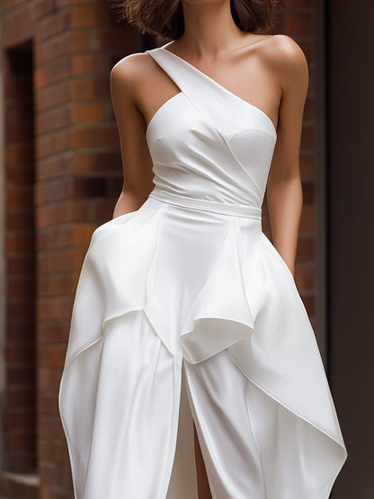 Asymmetric One-Shoulder Draped Gown With Front Slit