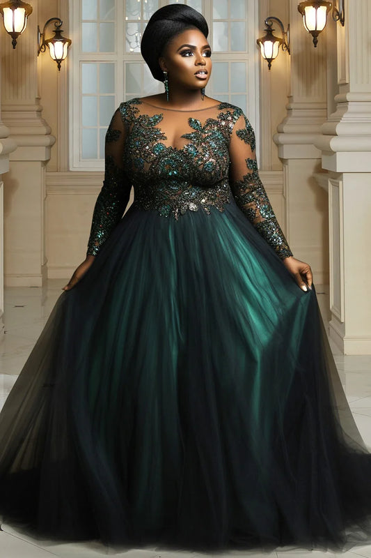 Evening Gowns Green Long Sleeve Tulle Maxi Dresses