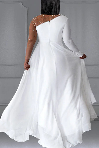 White Round Neck Long Sleeve Split Pearls Maxi Dresses