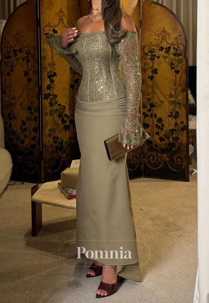 Dusty Sage Long Sleeves Off-Shoulder Ruched Evening Dress