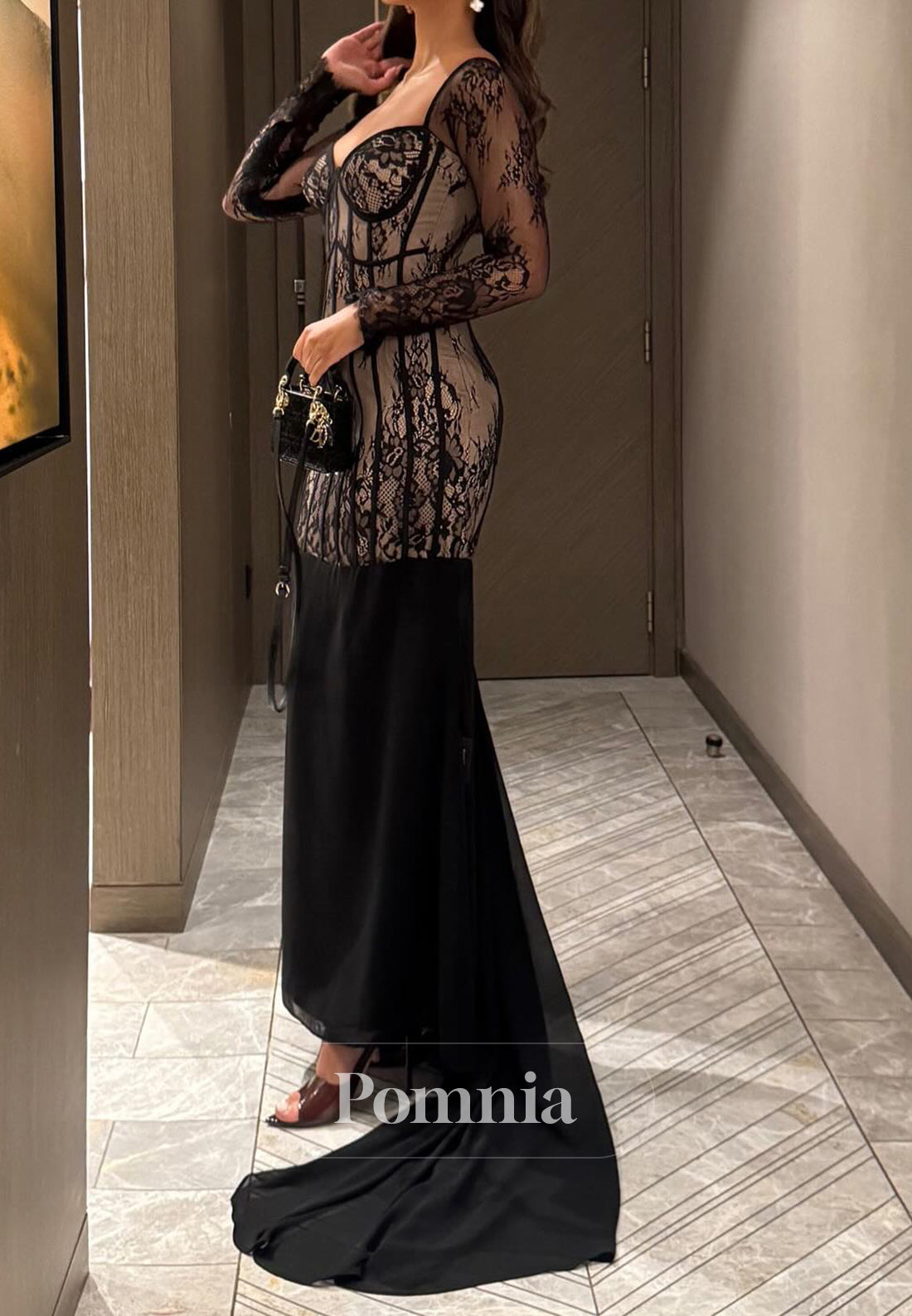 Sheath Long Sleeves Sweetheart Corset Black Prom Dress