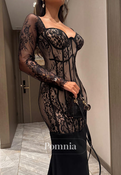 Sheath Long Sleeves Sweetheart Corset Black Prom Dress