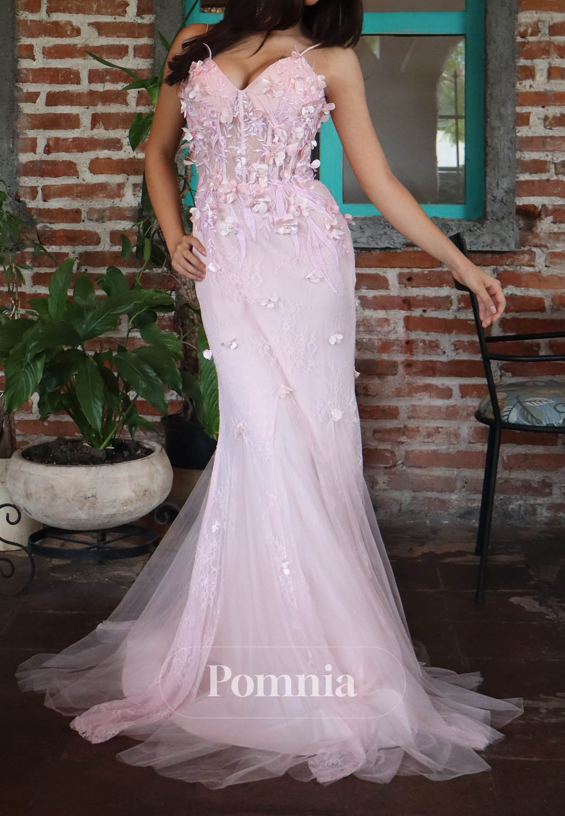 Blushing Pink Spaghetti Straps Sweetheart Lace A-Line Prom Dress
