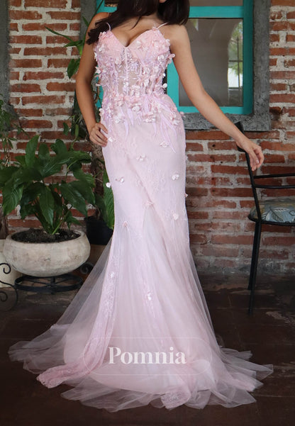 Blushing Pink Spaghetti Straps Sweetheart Lace A-Line Prom Dress