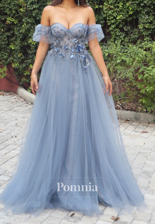 Steel Blue Sweetheart Sleeveless Corset Lace Prom Dress