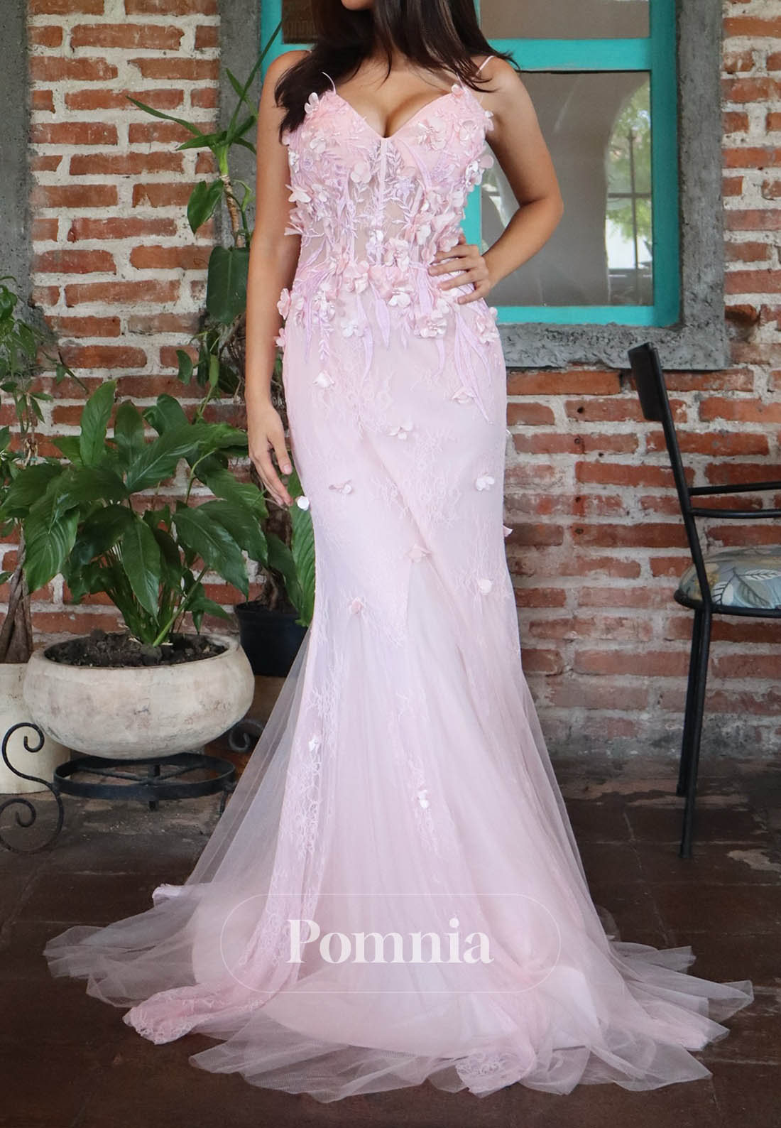 Blushing Pink Spaghetti Straps Sweetheart Lace A-Line Prom Dress