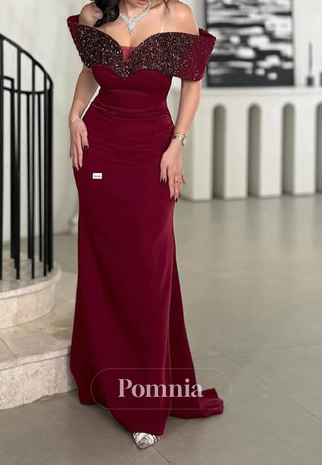 Burgundy Sweetheart Sequins A-Line Evening Dress