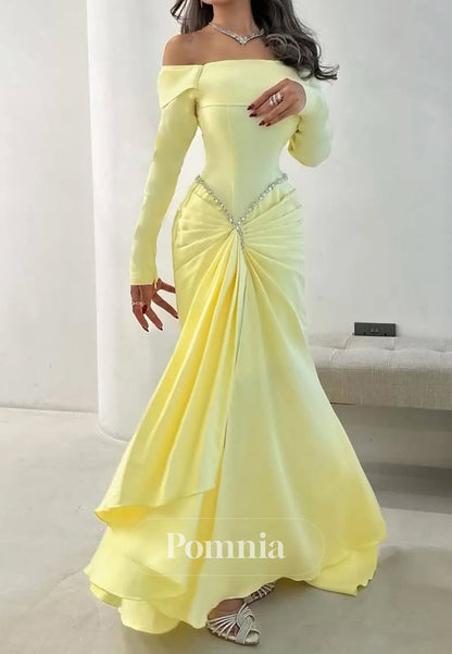 Daffodil Long Sleeves Off-Shoulder Ruched Evening Dress