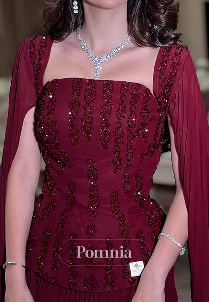 Burgundy Cape Square Appliques A-Line Evening Dress