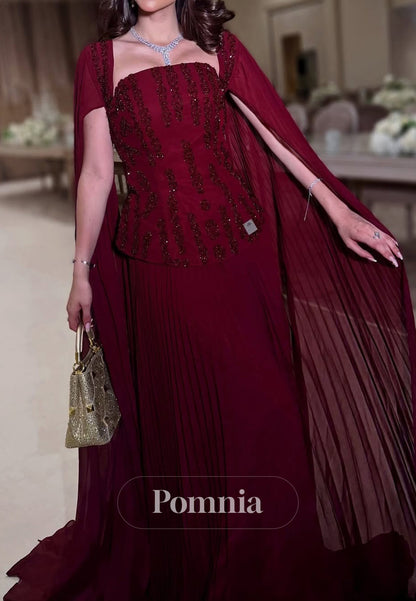 Burgundy Cape Square Appliques A-Line Evening Dress