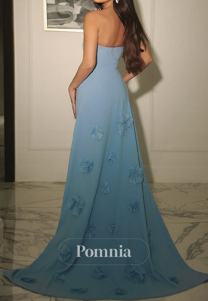 Sky Blue Strapless Sleeveless Floral Appliques Evening Dress