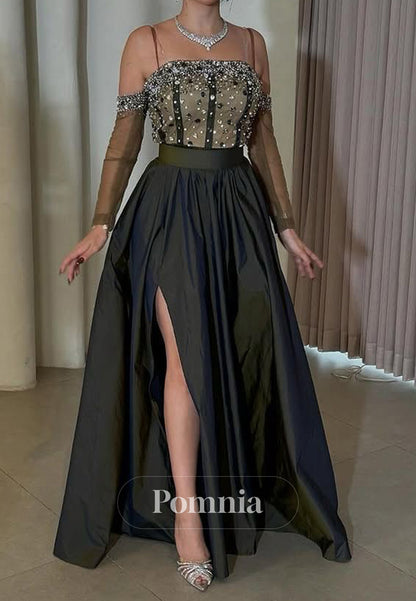 A-Line Long Sleeves Off-Shoulder Slit Corset Evening Dress