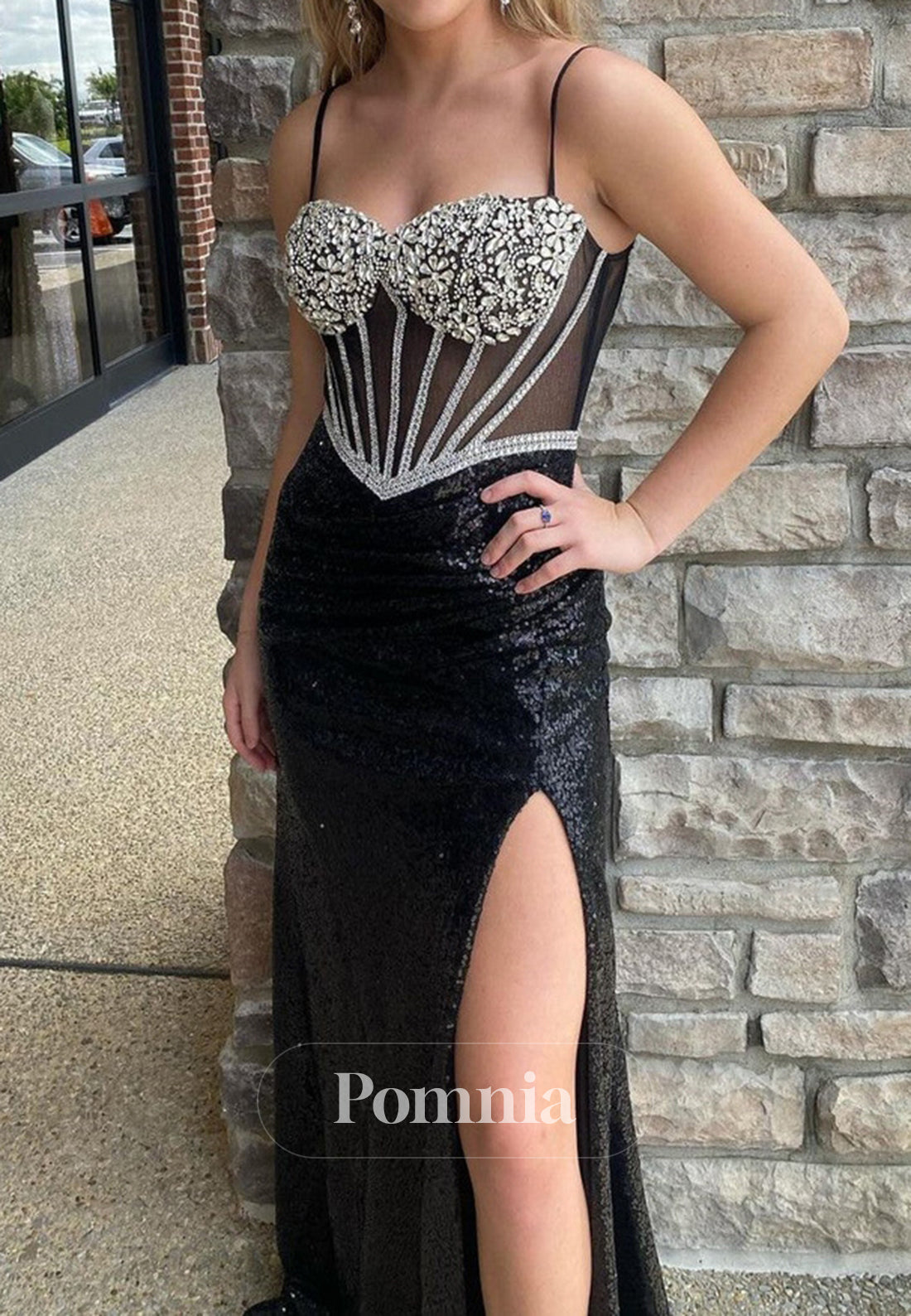 Black Spaghetti Straps Sweetheart Beads Slit Prom Dress