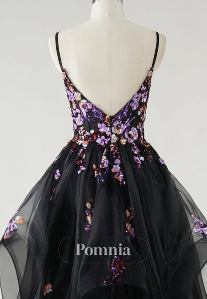 Black Spaghetti Straps V-Neck Floral Appliques Prom Dress