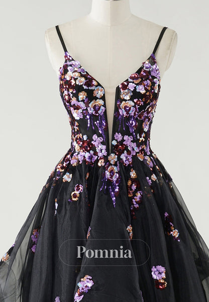 Black Spaghetti Straps V-Neck Floral Appliques Prom Dress