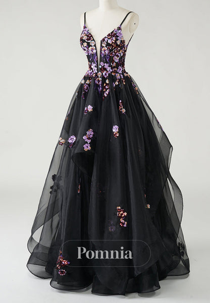 Black Spaghetti Straps V-Neck Floral Appliques Prom Dress