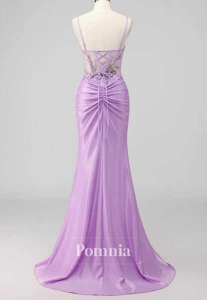 A-Line Spaghetti Straps Sweetheart Slit Corset Tulle Prom Dress