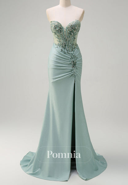 A-Line Spaghetti Straps Sweetheart Slit Corset Tulle Prom Dress