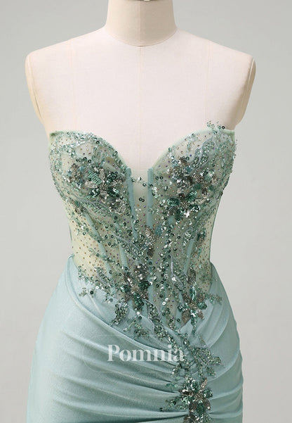 A-Line Spaghetti Straps Sweetheart Slit Corset Tulle Prom Dress