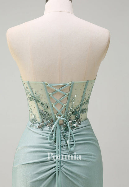 A-Line Spaghetti Straps Sweetheart Slit Corset Tulle Prom Dress