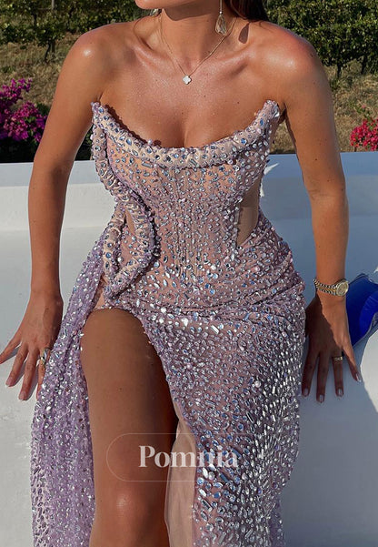 Lilac Sleeveless Strapless Beads Slit Corset Tulle Prom Dress