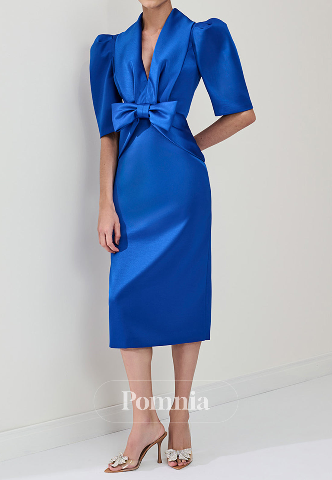 Royal Blue Short Sleeves V-Neck Bowknot Mother of the Bride Dress