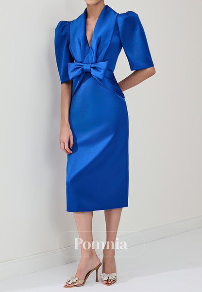 Royal Blue Short Sleeves V-Neck Bowknot Mother of the Bride Dress